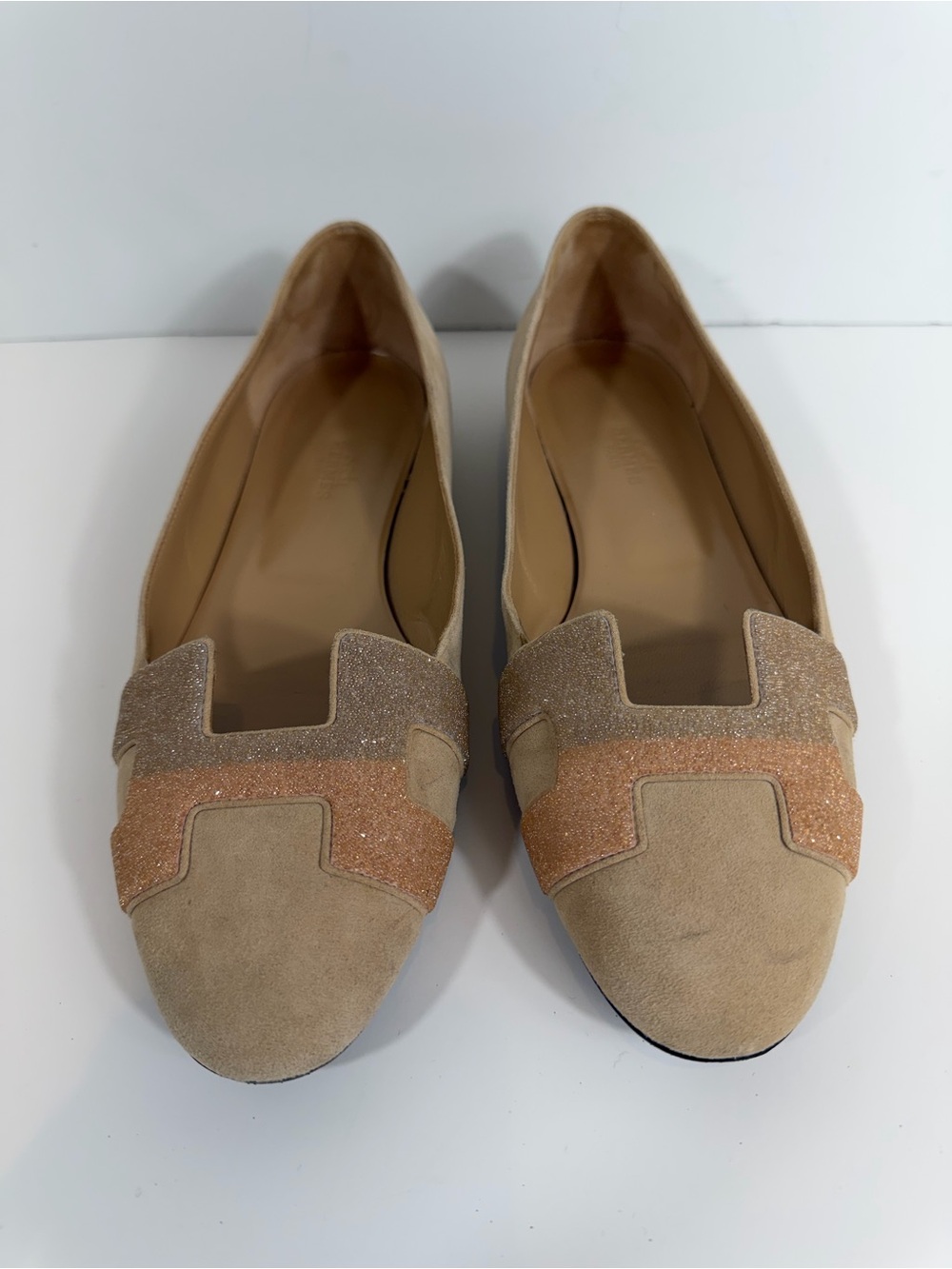 Hermès Paris Suede Glitter H Cutout Flats Beige Tan Loafers EU Size 38 US Size 8
